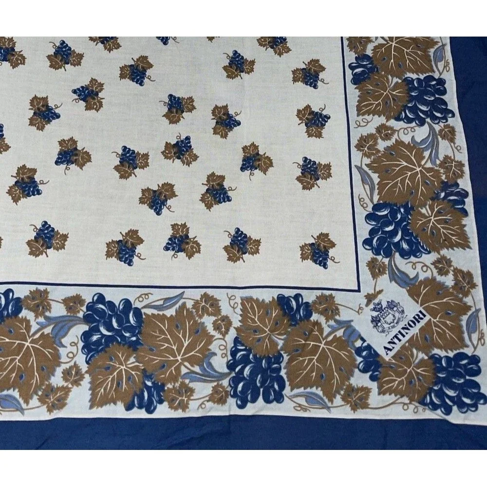 VTG Cotton Antinori Wine Tablecloth Grapevines Blue Brown 44”x41”